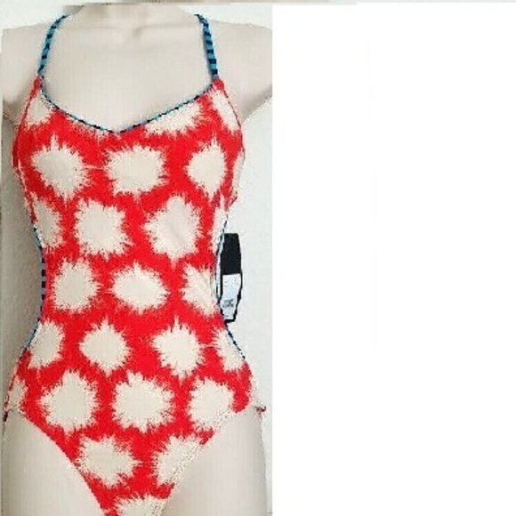 MARC JACOBS SPARKS 1 PC SWIMSUIT RED IVORY GOLD RING CRISS-CROSS STRAPS S NWT - Picture 1 of 6